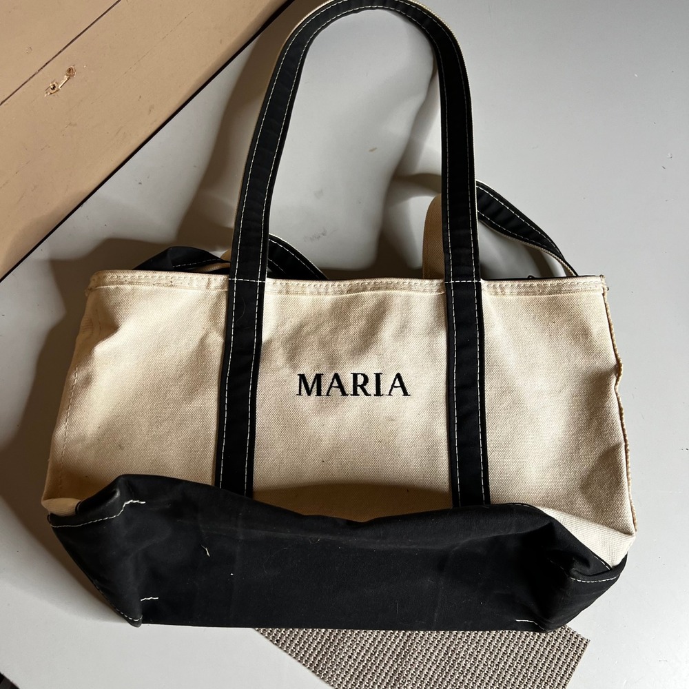 LL Bean Boat and Tote Zip Top Canvas Bag Black Cream Monogram Maria Made in USA
